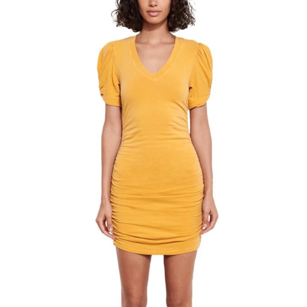 Sundry Mustard Puff-Sleeve V-Neck Ruched Mini Dress